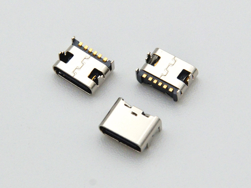 Type-C 16-pin female socket, board-mounted with four legs, 6.5mm length, 1.63mm pitch, and featuring a center clip